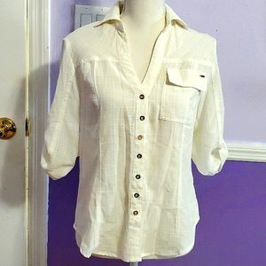 Bebe Off White Lightweight Semi Sheer Chic Rolled Sleeves Button Up Shirt